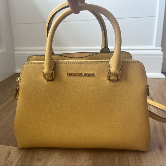 Michael Kors Idina Small Satchel Bag Saffiano Leather Powder Dusty Daisy Yellow - Picture 1 of 8
